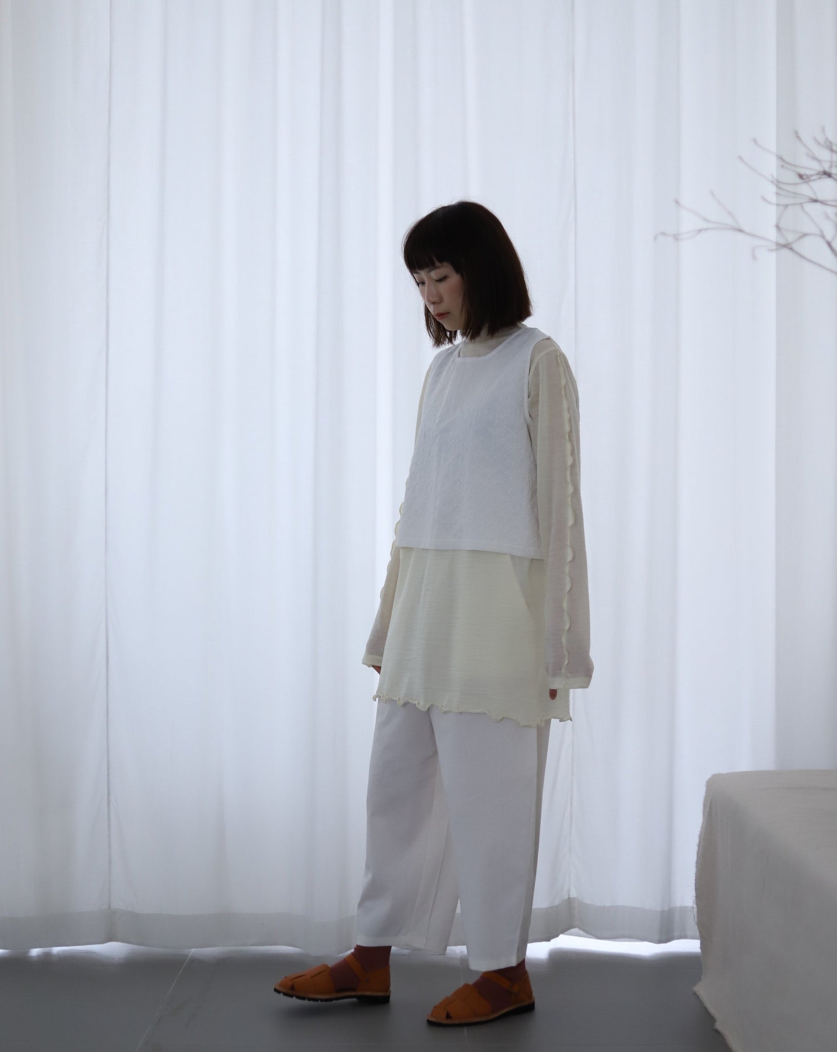 Light Wave Collar Top Long - Wool Cream