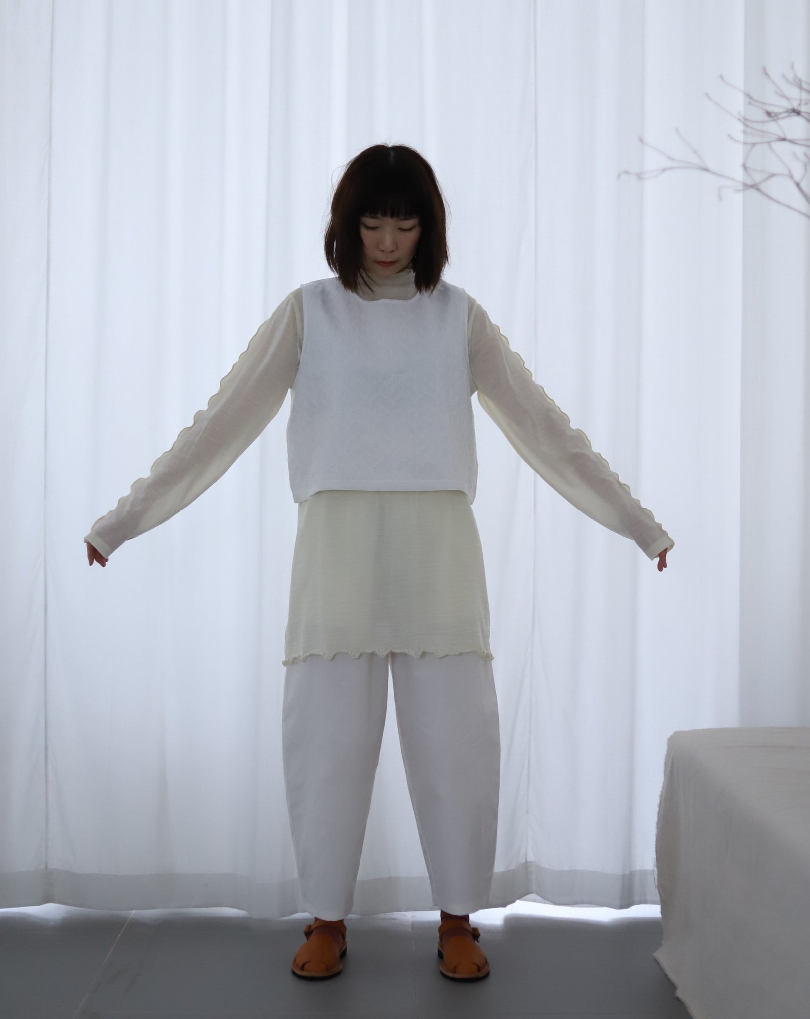 Light Wave Collar Top Long - Wool Cream