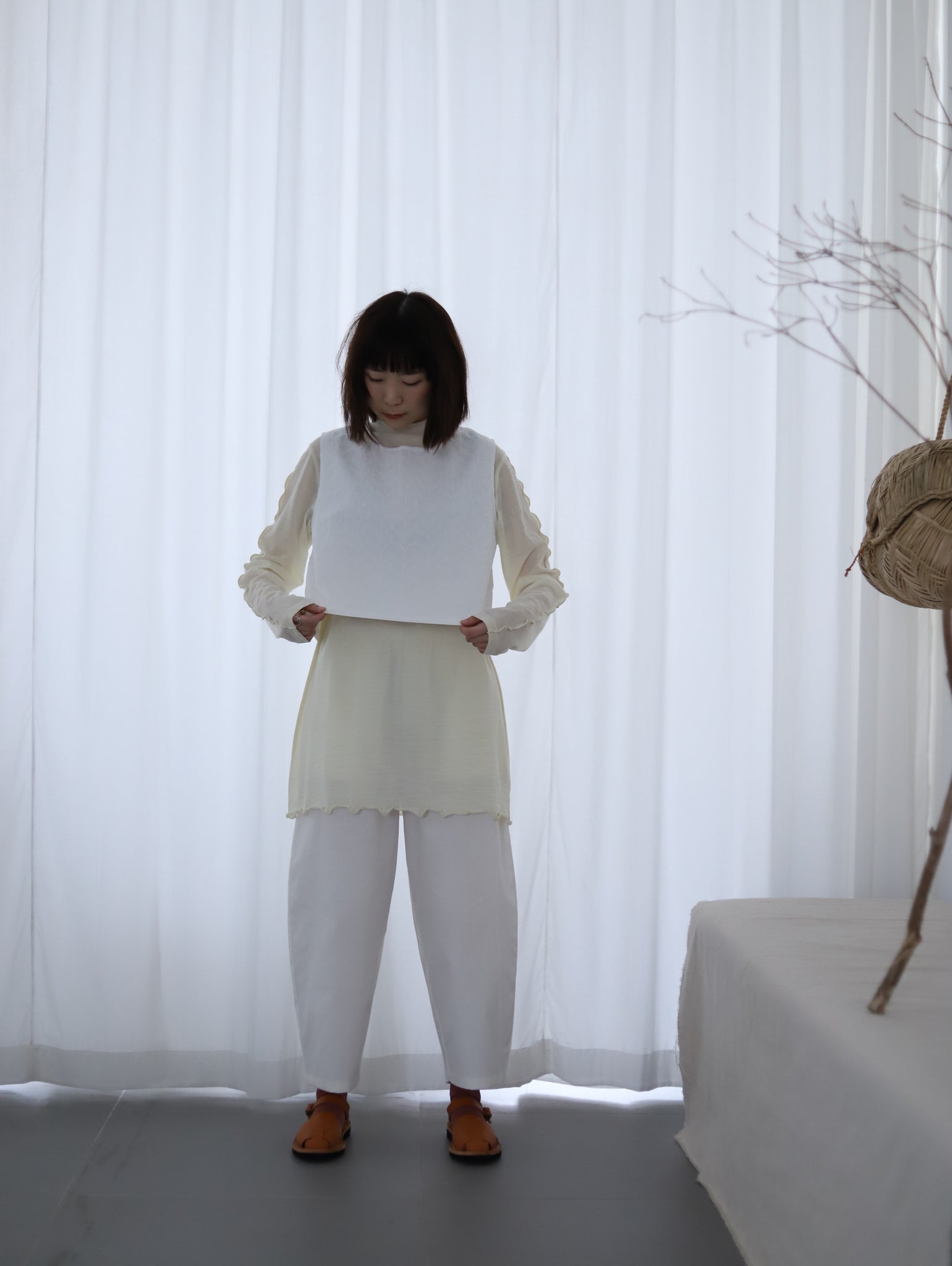 Light Wave Collar Top Long - Wool Cream