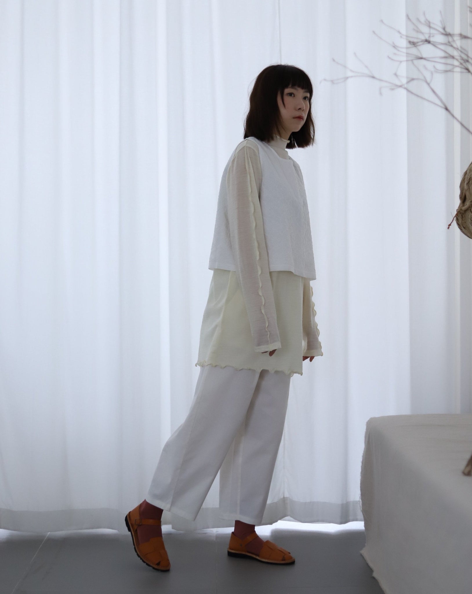 Light Wave Collar Top Long - Wool Cream