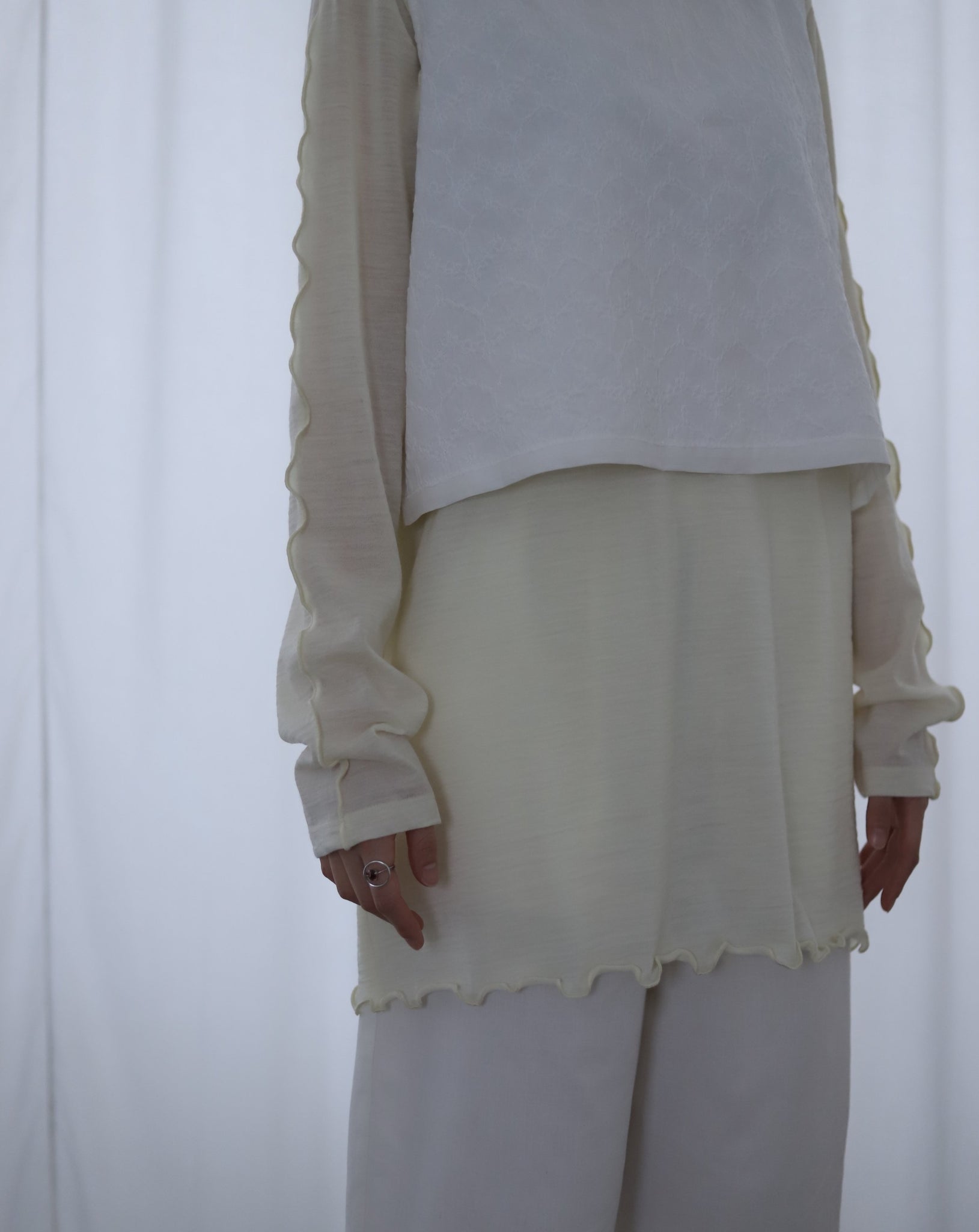 Light Wave Collar Top Long - Wool Cream